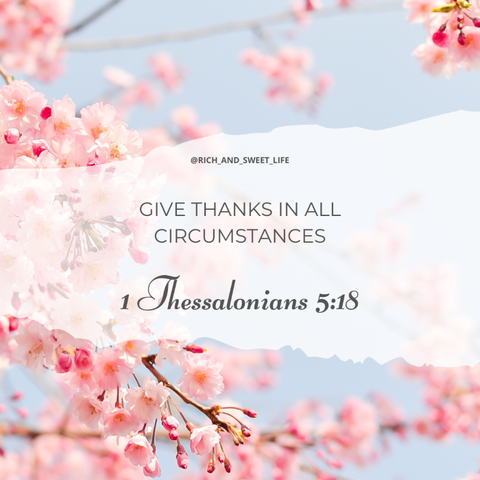 1 thessalonians 518 quote presented in a beautiful cherry blossom style