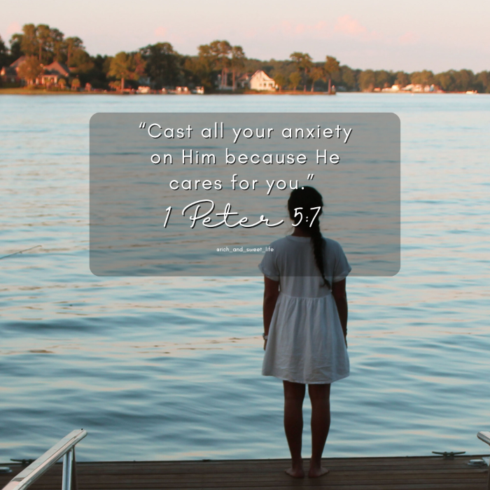 bible verse graphic of 1 peter 57 about releasing anxiety to god, displayed on a calm peaceful background