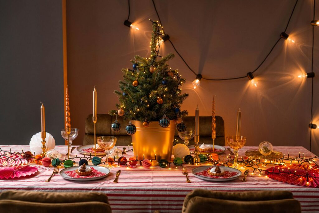 cozy holiday scene promoting mindful eating, rest, and spiritual reflection during the season